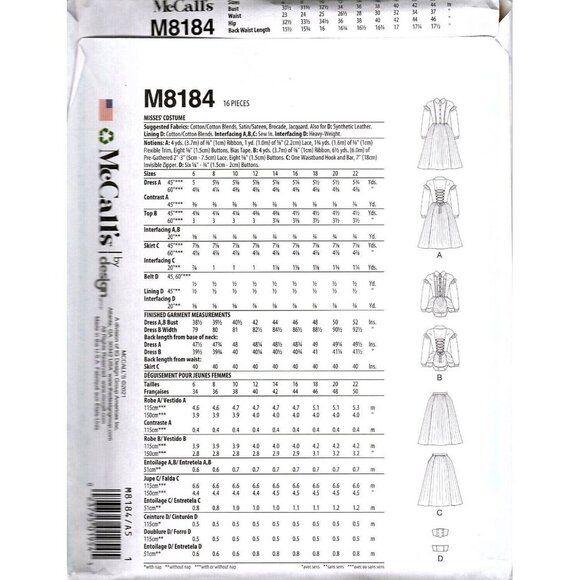 McCall's M8184 Misses 14 to 22 Victorian Steampunk Costume Uncut Sewing Pattern - Picture 2 of 2